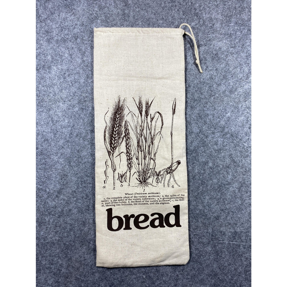 Vintage Linen Bread Bag Drawstring Wheat Print Storage Sack Kitchen Pantry Decor